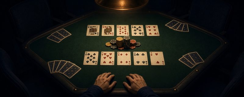 Illustration: two five-card boards dealt on a green felt poker table with a pot of chips between them and Omaha hands around the table