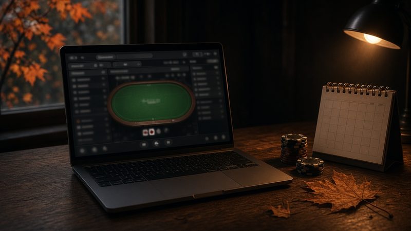 Illustration: a laptop showing an online poker lobby on a dark desk, beside a desk calendar, a few chips and autumn leaves