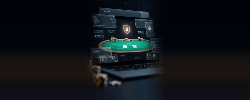 Illustration: a laptop showing an online poker table, with see-through software windows floating around the screen and a glowing padlock shield above the table, beside stacks of chips on a dark desk