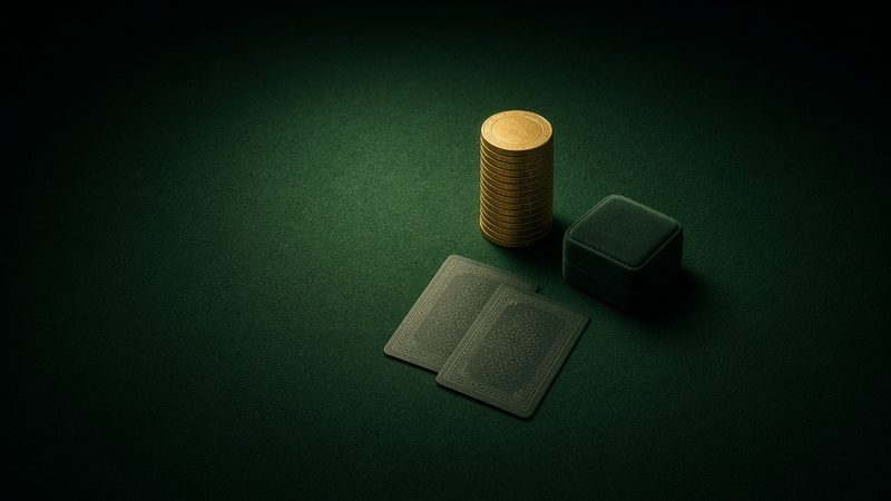 Illustration: two face-down cards beside three chip stacks of different heights on a green felt table