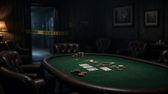 Illustration: a card room table left mid-hand with chips and cards on the felt, empty chairs, and yellow tape across the doorway behind