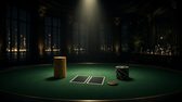 Illustration: two chip stacks facing each other across a green felt table, with a pair of face-down cards and the dealer button between them