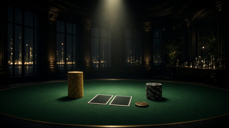 Illustration: two chip stacks facing each other across a green felt table, with a pair of face-down cards and the dealer button between them