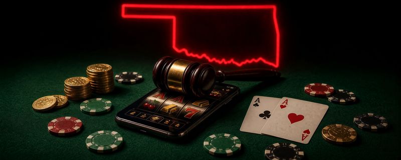 Illustration: Oklahoma state outline in red neon above a gavel resting on a phone showing a slot game, with poker chips and two aces on a felt table.