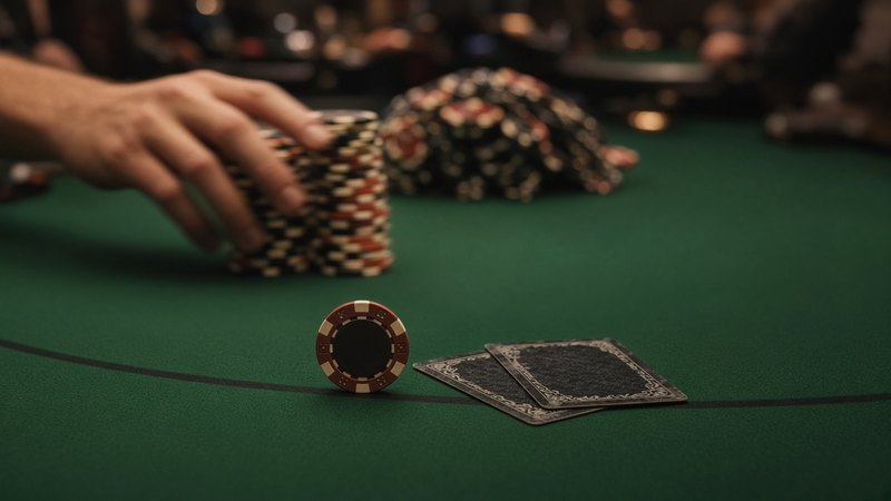 Illustration: a hand pushing a tall stack of chips toward the pot on a green felt tournament table, with a single chip left standing beside two face-down cards