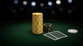 Illustration: a tall gold chip stack and a black stack in the middle of a green felt table, with two face-down cards and a dealer button nearby