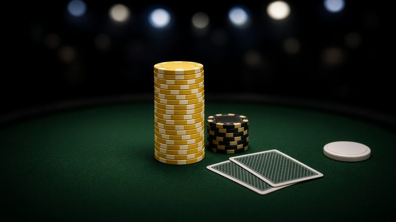 Illustration: a tall gold chip stack and a black stack in the middle of a green felt table, with two face-down cards and a dealer button nearby