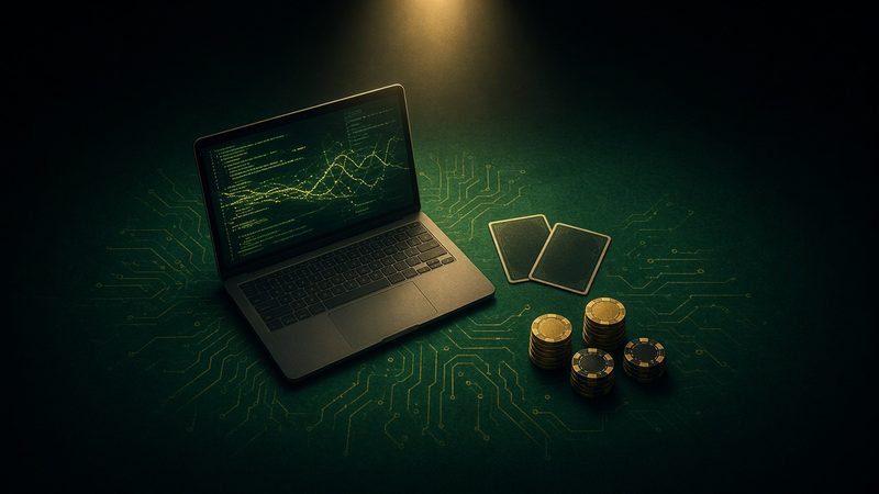 Illustration: a laptop showing lines of code on a green felt table, beside two face-down cards and stacks of chips