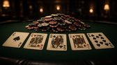 Illustration: a five-card board, ace to ten, laid out in front of a big pot of chips on green felt