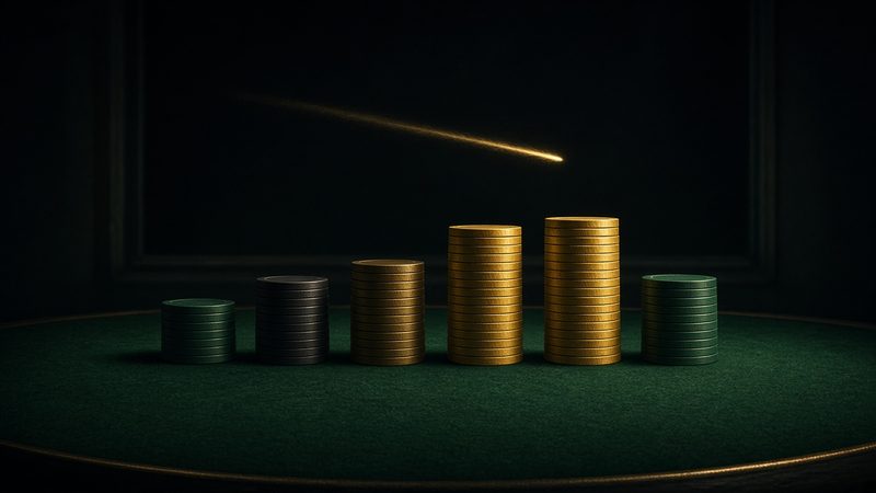 Illustration: six chip stacks of very different heights in a row on a green felt table, with two face-down cards behind them