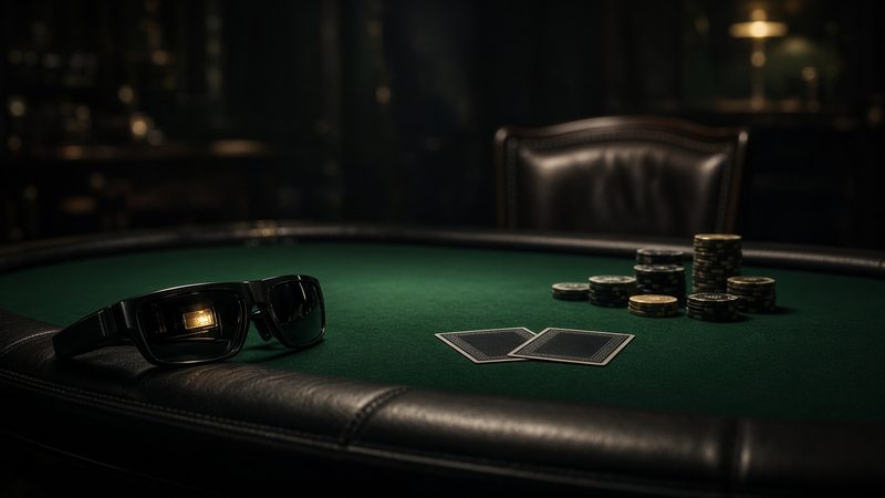 Illustration: a pair of dark smart glasses resting on the padded rail of a poker table, with two face-down cards, chip stacks and an empty leather chair beyond