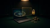Illustration: a laptop showing a small online poker table, with a see-through window hovering over the corner of the screen, an open gold padlock beside it and chip stacks on dark green felt