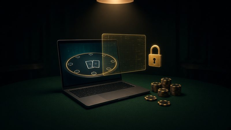 Illustration: a laptop showing a small online poker table, with a see-through window hovering over the corner of the screen, an open gold padlock beside it and chip stacks on dark green felt