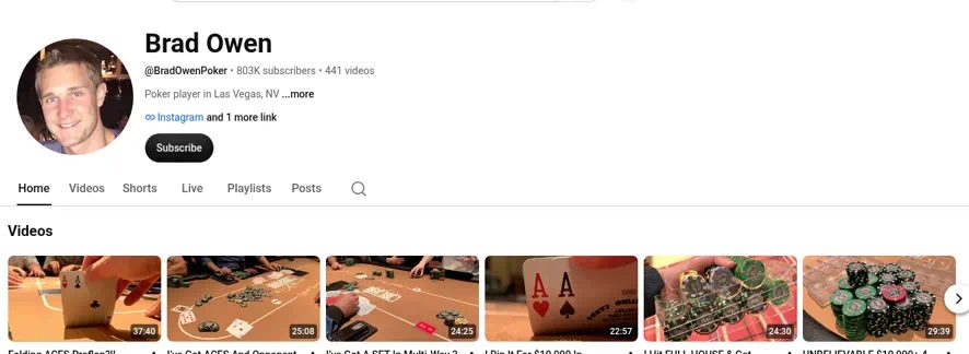 Screenshot of the Brad Owen YouTube channel header: @BradOwenPoker, 803K subscribers, 441 videos.