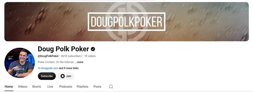 Screenshot of the Doug Polk Poker YouTube channel header: @DougPolkPoker, 461K subscribers, 1K videos.