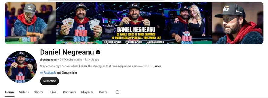 Screenshot of the Daniel Negreanu YouTube channel header: @dnegspoker, 945K subscribers, 1.4K videos.