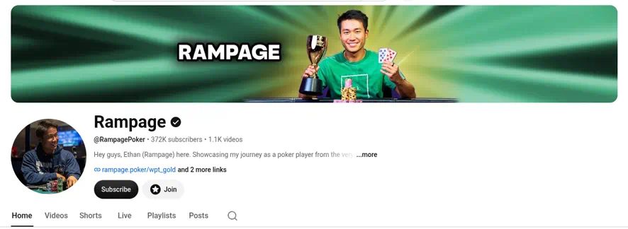 Screenshot of the Rampage YouTube channel header: @RampagePoker, 372K subscribers, 1.1K videos.