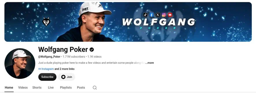 Screenshot of the Wolfgang Poker YouTube channel header: @Wolfgang_Poker, 1.71M subscribers, 1.1K videos.